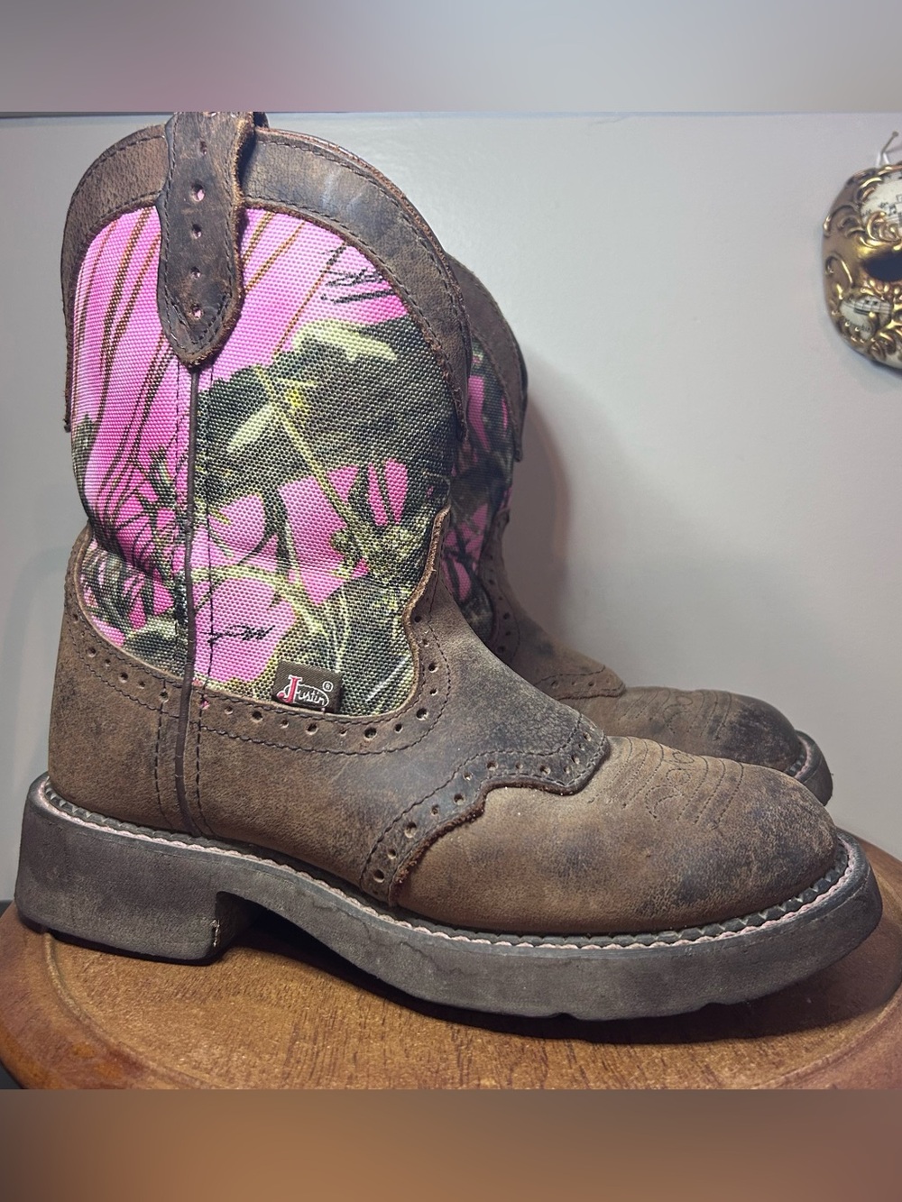Justin Pink Camo Brown Leather Western Cowgirl Boots Women’s 6.5 B